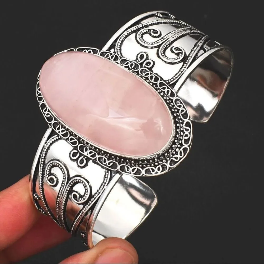 Artisan Rose Quartz Adjustable Silver Bangle Bracelet – Handcrafted Elegance New